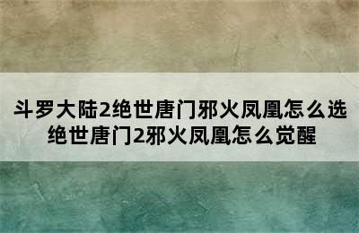 斗罗大陆2绝世唐门邪火凤凰怎么选 绝世唐门2邪火凤凰怎么觉醒